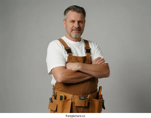 Confident middle-aged man in work overalls with tools