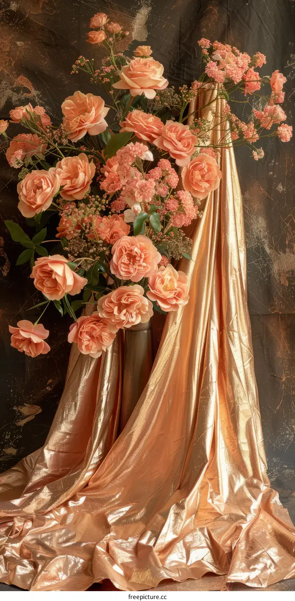 Still life of pink roses and gold fabric