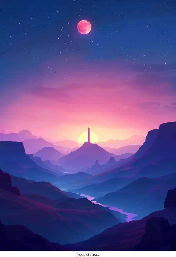 Mystical Mountain Landscape with a Giant Purple Moon