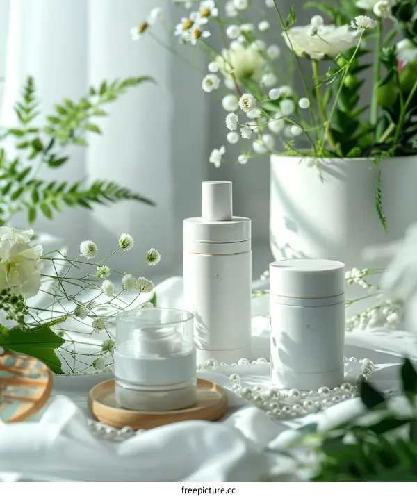 Natural skincare products with chamomile flowers