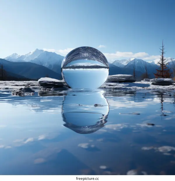 Crystal ball reflecting snowy mountains and trees