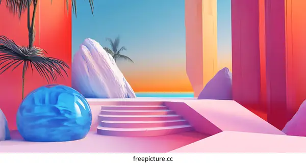 Abstract 3D Illustration of Tropical Island with Pink and Blue Colors