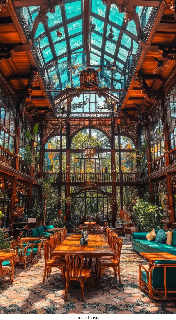Wooden Greenhouse Dining Room with Glass Roof