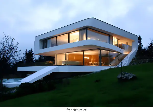 Modern House with Curved Design and Large Windows