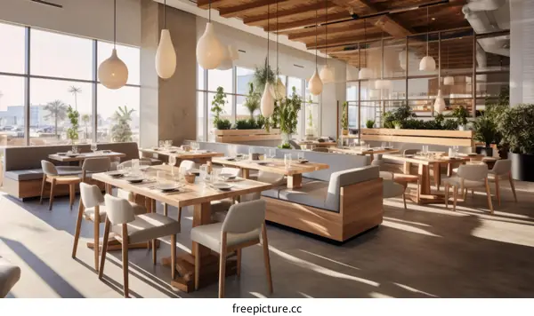 Fine dining restaurant interior with wooden tables and chairs, large windows, and plants