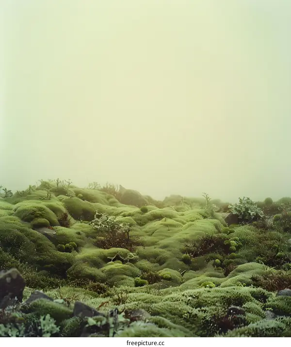 Green Mossy Landscape in Foggy Weather