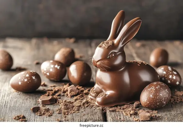 Chocolate Easter Bunny and Eggs on Wooden Table