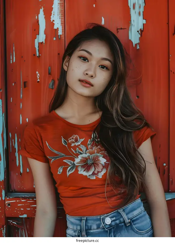 Portrait of a Young Woman with Freckles Standing in Front of Red Metal Door