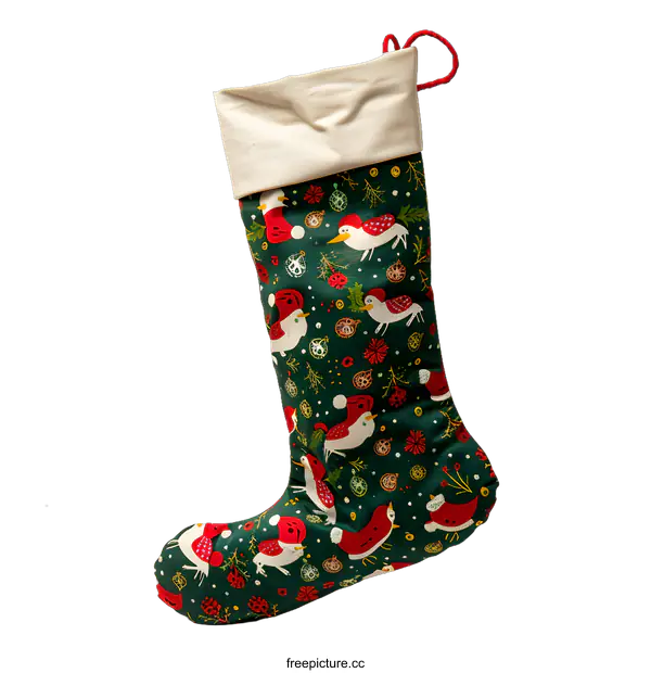 [Transparent Background PNG]Green Christmas Stocking with Birds Pattern