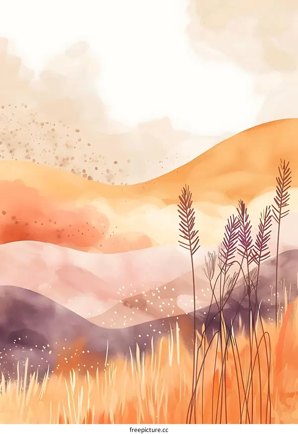 Abstract Watercolor Landscape with Orange Hills and Grass