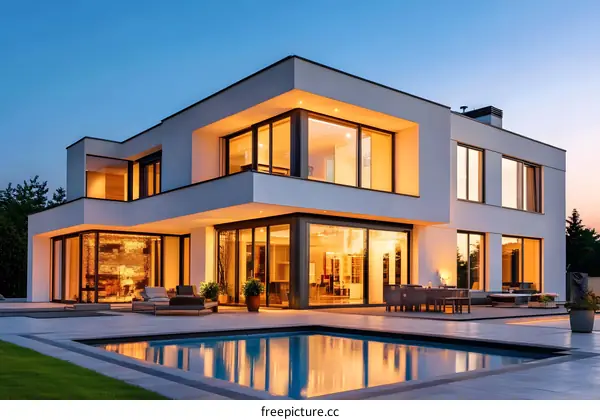 Modern House with Pool at Twilight