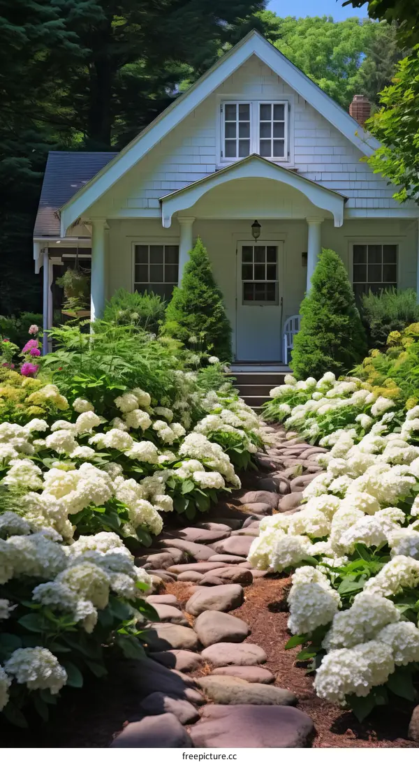 Charming White Cottage with Hydrangea Blooms and Stone Path