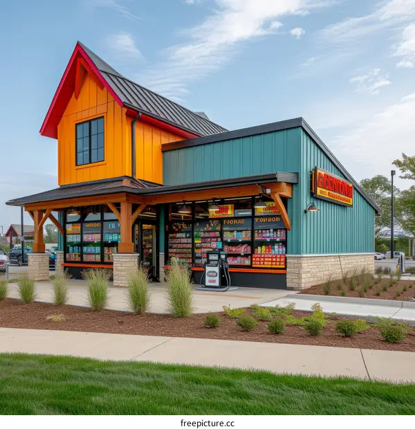 Colorful Gas Station with Bright Orange and Blue Exterior