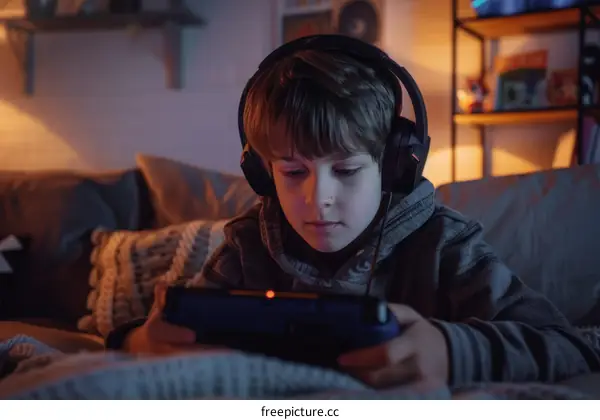 Young gamer playing video games on his console