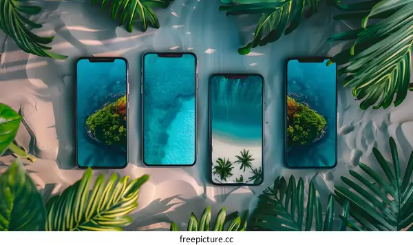 Tropical Beach Scenery Displayed On Four Smartphones