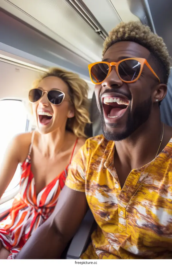 Laughing man and woman on airplane