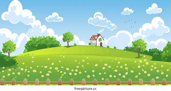 Beautiful Cartoon Landscape with a Green Meadow and a Small House