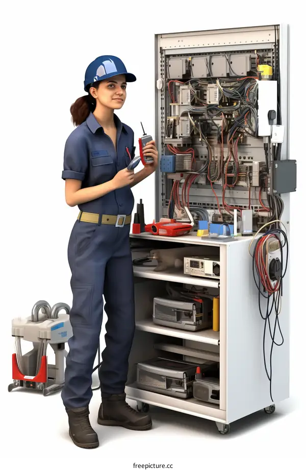 Female Technician Working on Electrical Cabinet