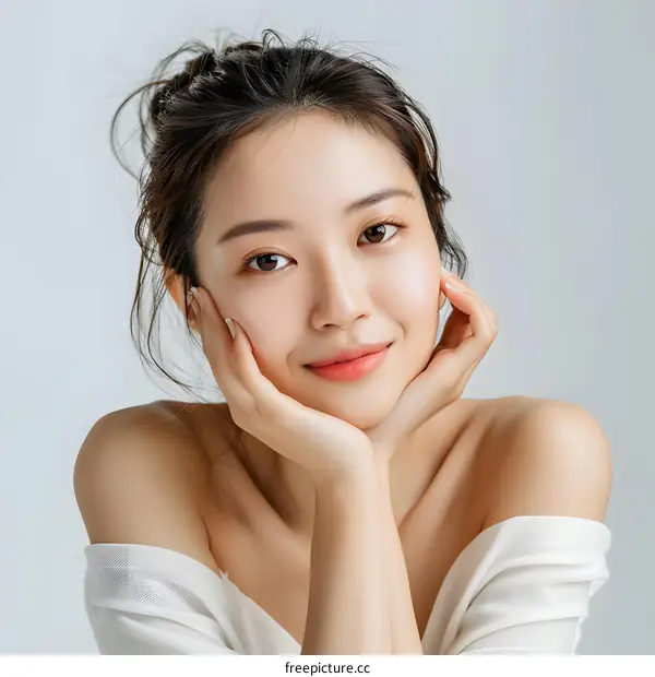 Portrait of a Young Asian Woman with a Gentle Smile and a White Shirt
