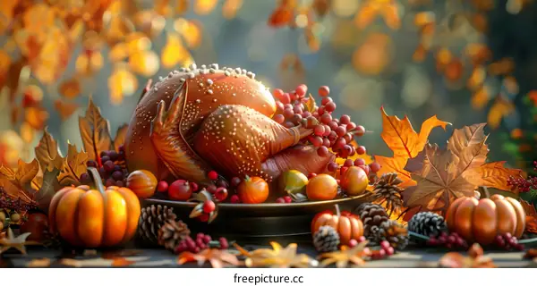 Thanksgiving Feast: Roasted Turkey, Pumpkins, and Autumn Leaves