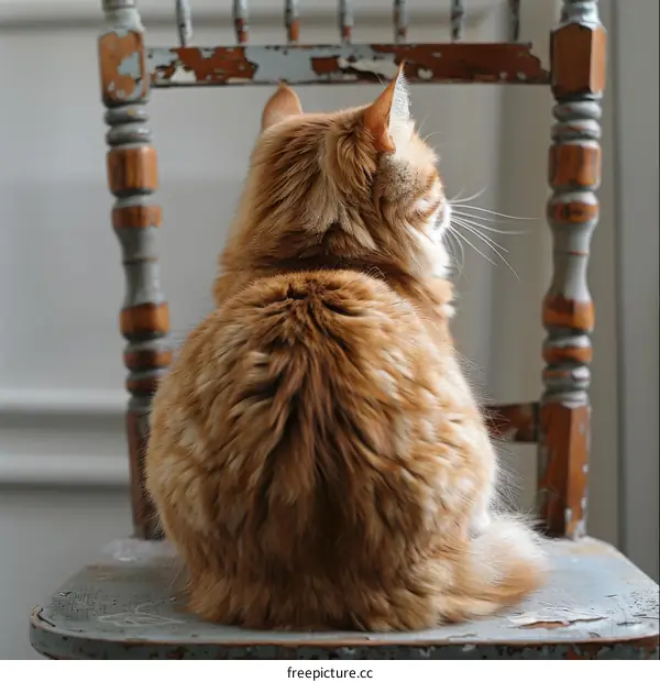 ginger cat sitting on a wooden chair looking out the window