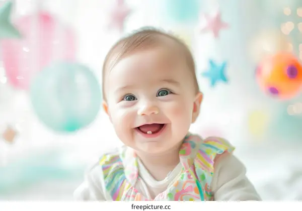 An adorable baby girl with blue eyes and brown hair is sitting in front of a colorful backdrop. She is wearing a colorful dress and has a big smile on her face.