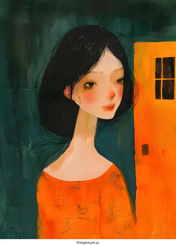 Woman with Black Hair Looking at the Door