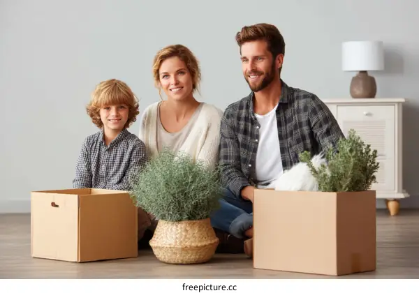Family Moving Day with Cardboard Boxes