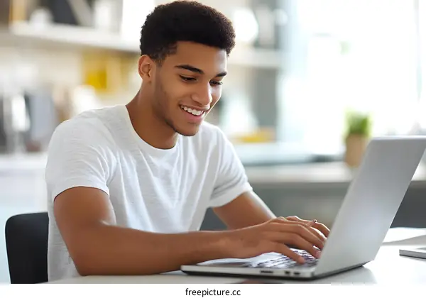 Smiling African American Man Working on a Laptop at Home