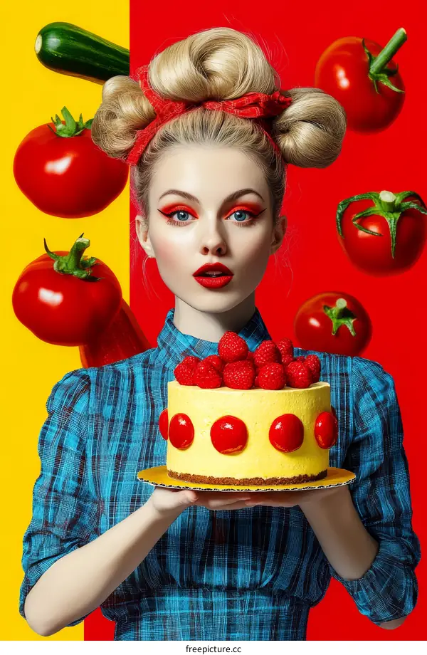 Beautiful Woman with Cake and Fruits in Pop Art Style