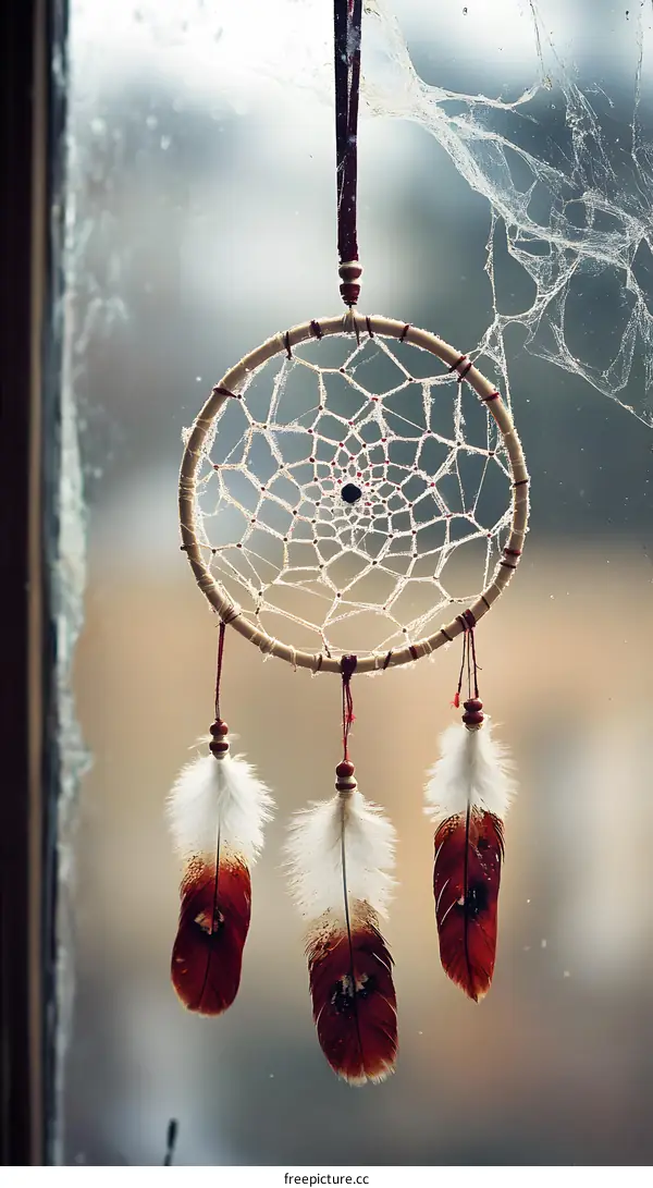 Dream Catcher Hanging On Window With Feathers