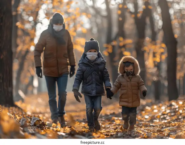 Father and sons in the autumn park. Family wearing medical masks during coronavirus pandemic.