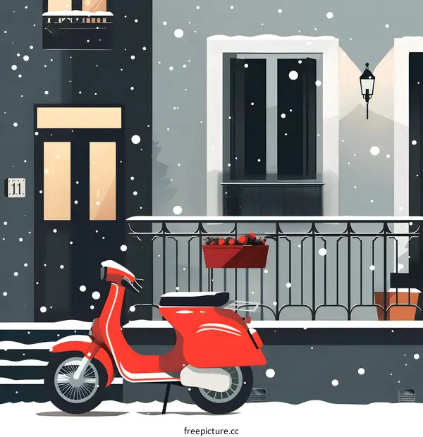 Red Scooter in Snow Covered Building Illustration