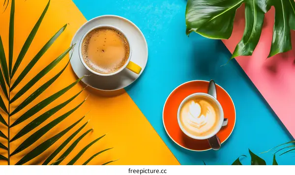 Two Cups of Coffee with Tropical Leaves on Colorful Background