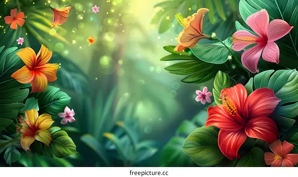 Tropical Rainforest Flowers Green Leaves Background