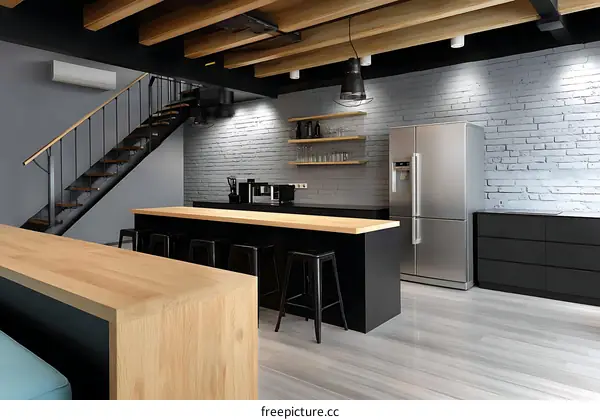 Modern Loft Kitchen Area with Wooden Countertop