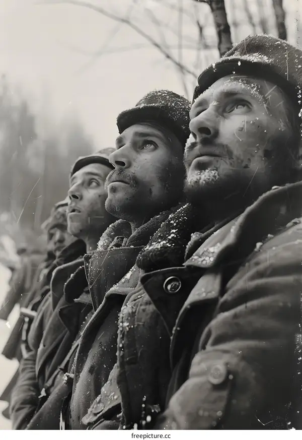 World War II soldiers marching in the snow