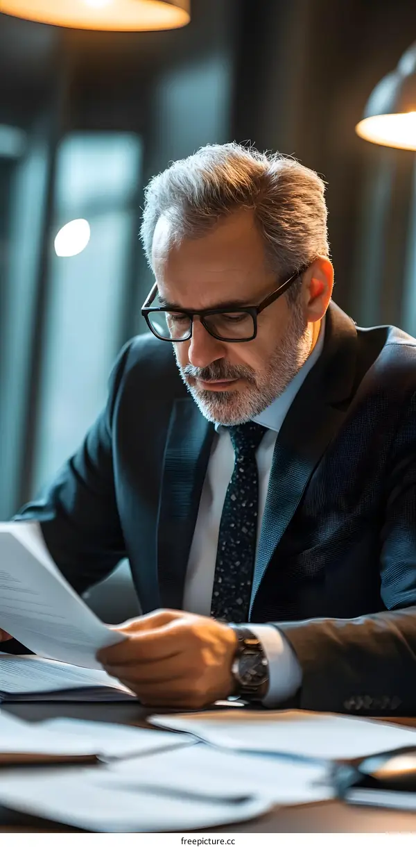 Businessman Reading Documents in Office