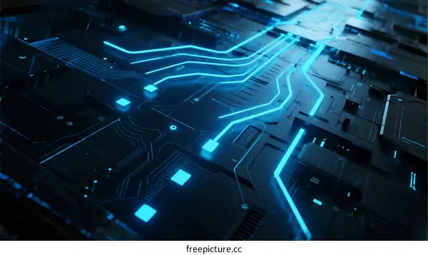 Circuit Board Pattern with Blue Glowing Lines in Technology