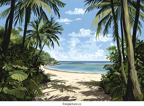 Tropical Beach with Palm Trees and Blue Sky