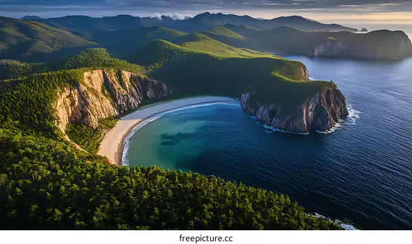 Stunning Coastal View of a Bay Surrounded by Mountains and Forests