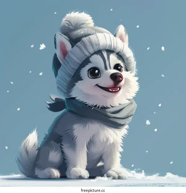 A cute cartoon husky puppy wearing a winter hat and scarf