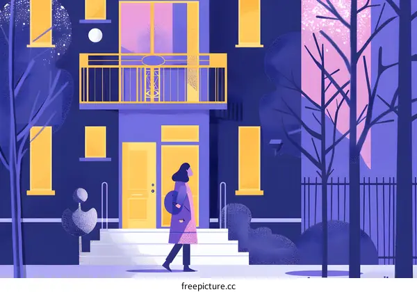 Woman Walking Past Building With Yellow Doors