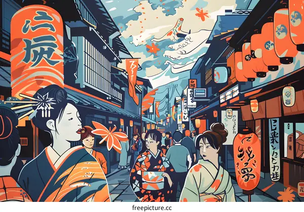 Traditional Japanese Street With Lanterns And Geishas