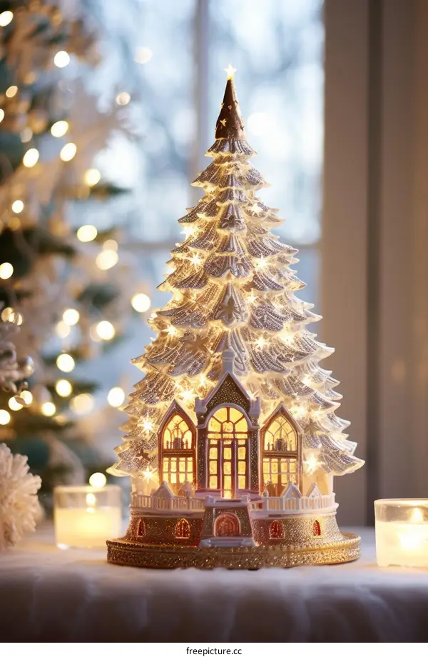 A ceramic Christmas tree with a house at the bottom