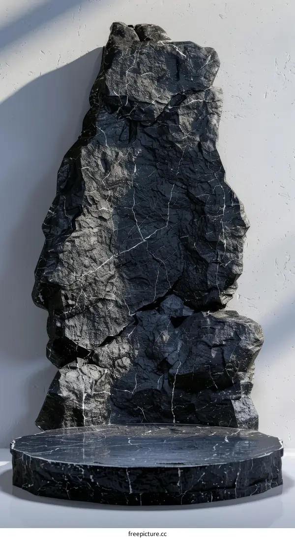 Black marble rock podium for product presentation on white background. 3d rendering.