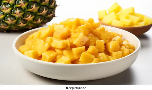 A bowl of diced pineapple chunks with a pineapple in the background