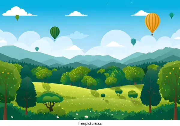 Green Landscape With Hot Air Balloons Flying Over Mountains