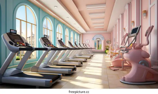 Pink and Blue Gym with Treadmills and Exercise Bikes