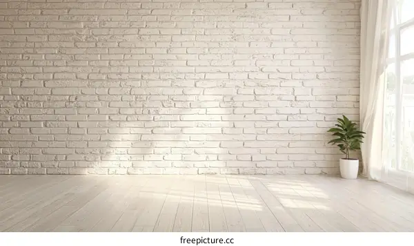 Empty Room with White Brick Wall and Wooden Floor